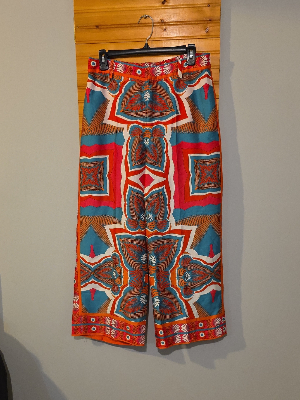 Zara Wide‎ Leg Palazzo Pants Size L Boho Retro Medallion Print Teal Orange Pink